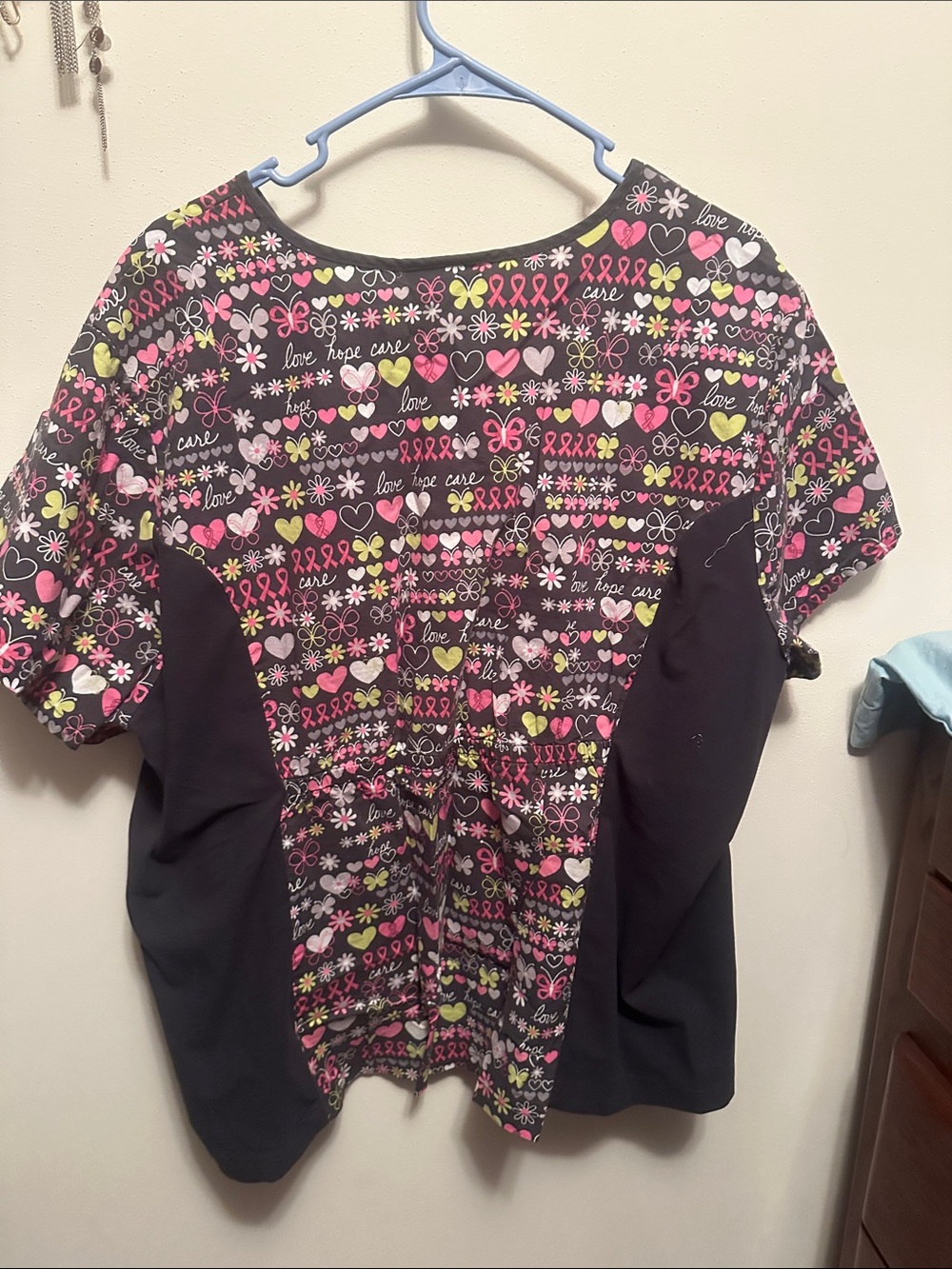 Cherokee Black Scrub Top with Pink & Lime Ribbon and Heart Print - Picture 3 of 3